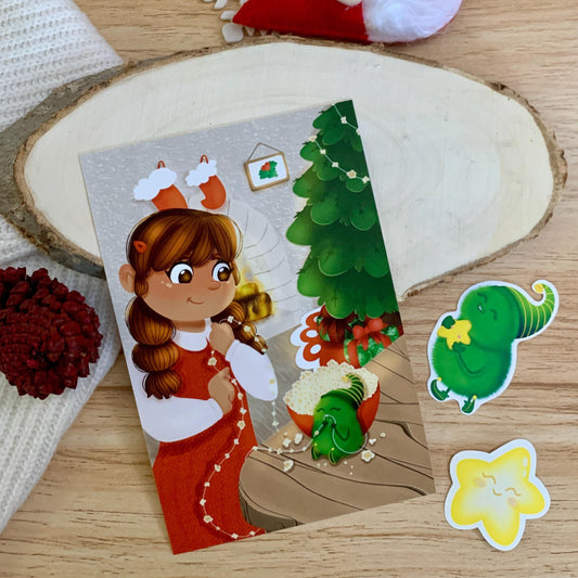 Tree Decorating Print & Sticker Bundle| Digital Art| Cute Christmas Art| Fantasy Art| Children Art| Storybook Art| Xmas Art Wall Decor